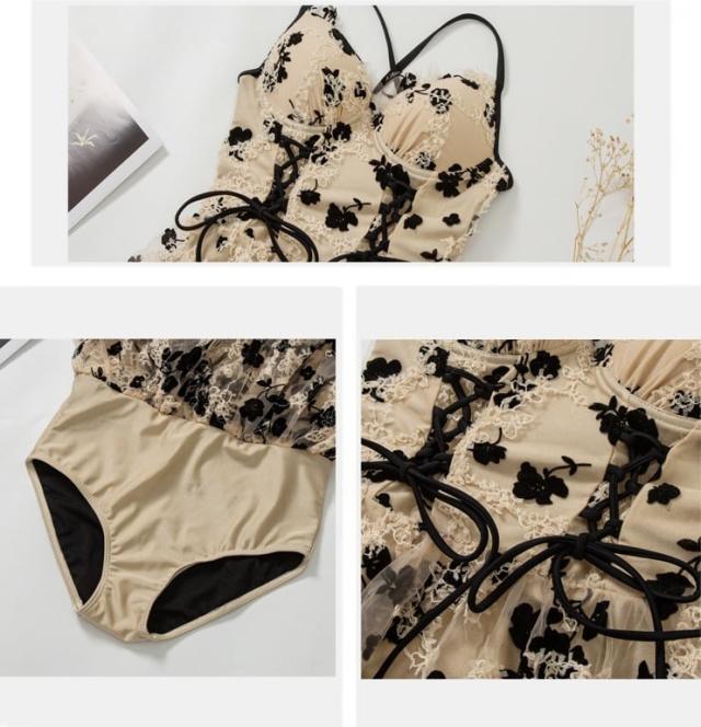 水着 スイムウェア ワンピース水着 l 体型カバー レース リボン 韓国