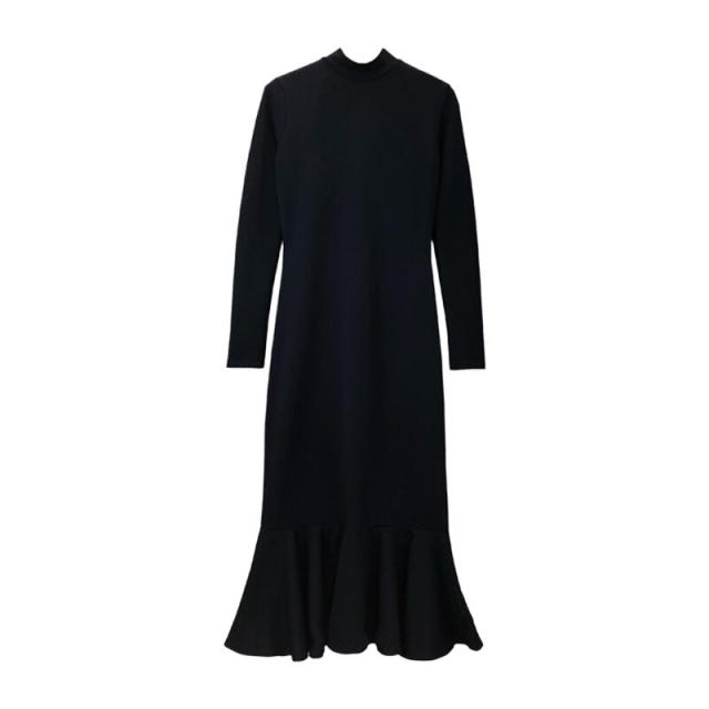 ワンピース フレアワンピース 膝下 l ミモレ丈 袖あり 長袖 半ハイネック 襟なし フレア スリム タイト 細身 マーメイド 綿 かわいい 大人可愛 ワンピース フレアワンピース 膝下 l ミモレ丈 袖あり 長袖 半