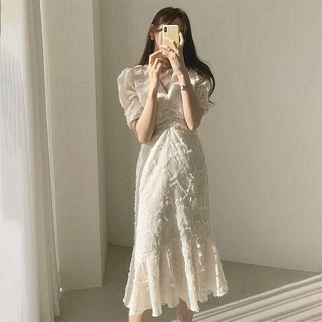 ワンピース フレアワンピース 膝下 l ミモレ丈 袖あり 半袖 Vネック 襟