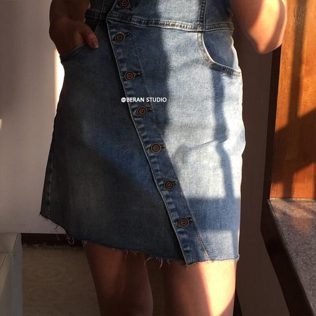 デニムジャンスカ ワンピース ジャンパースカート ジャンスカ l ミニ丈 袖なし スリム タイト 細身 Iライン ハイウエスト 前開き デニム かわい デニムジャンスカ ワンピース ジャンパースカート ジャンスカ l ミニ丈