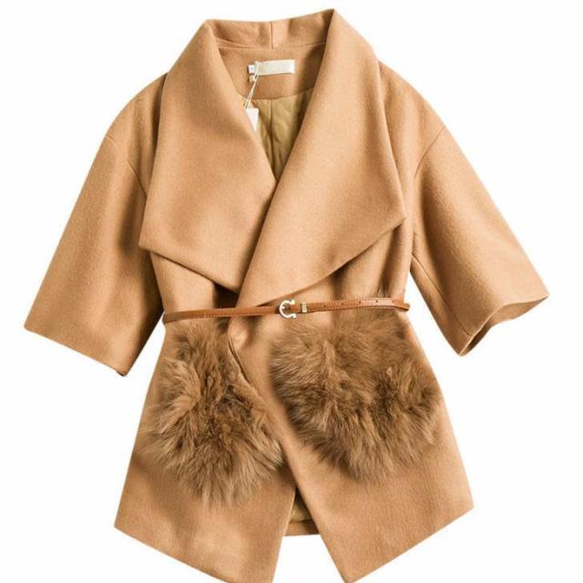 アウター ウールコート 秋 l ボリューム 襟付き 七分袖 フェイクファー ポケット ビッグファー ロングコート ミディアム丈 コート ロングカーディ アウター ウールコート 秋 l ボリューム 襟付き 七分袖 フェイクファー