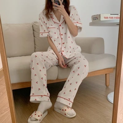 レディースパジャマ 半袖 開襟シャツ l チェリー柄 薄手 上下セット 二点セット ツーピース セットアップ ナイトウェア ルームウェア ワンマイルウの通販は