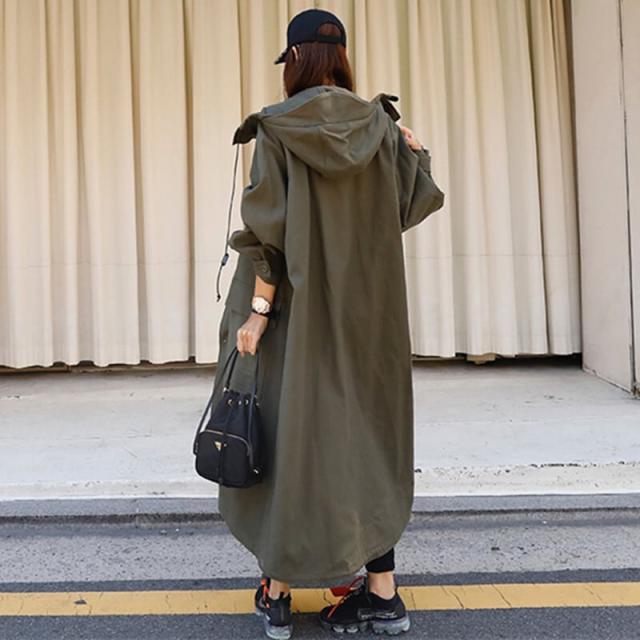 アウター レディース l ロング トレンチコート ロングコート カーキ 無地 長袖 ウインドブレーカー ミリタリー フード かっこいい 大人カジュア