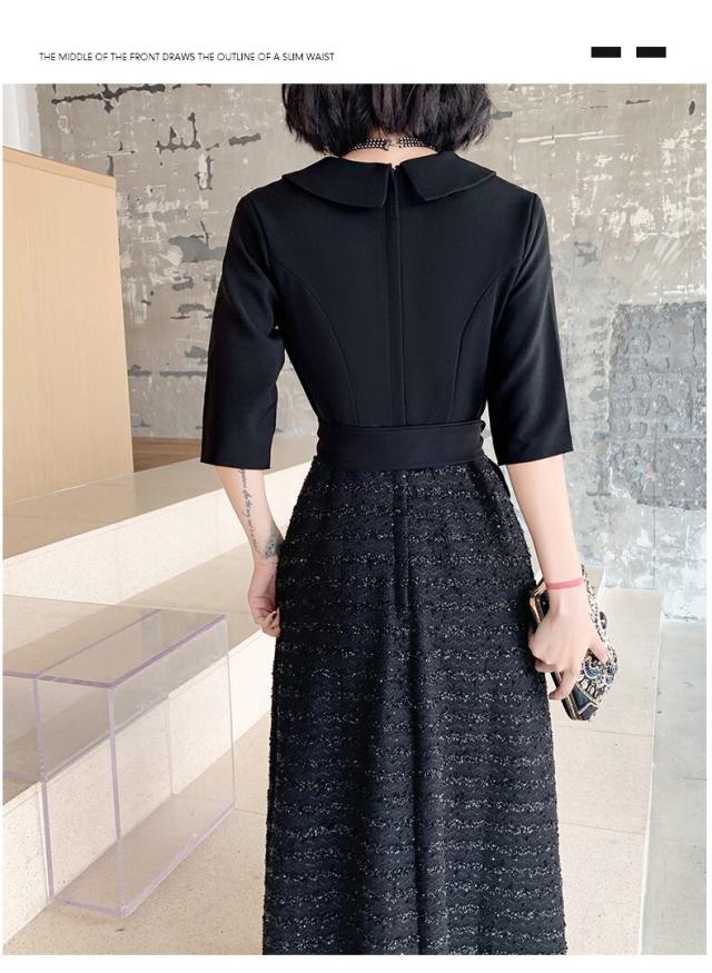 ドレス レディース パーティードレス l イブニングドレス ロング Aライン 袖あり 5分袖 ショールカラー ウエストリボン キラキラ フェミニン エ ドレス レディース パーティードレス l イブニングドレス ロング A