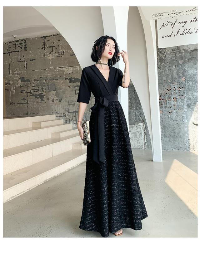 ドレス レディース パーティードレス l イブニングドレス ロング Aライン 袖あり 5分袖 ショールカラー ウエストリボン キラキラ フェミニン エ ドレス レディース パーティードレス l イブニングドレス ロング A