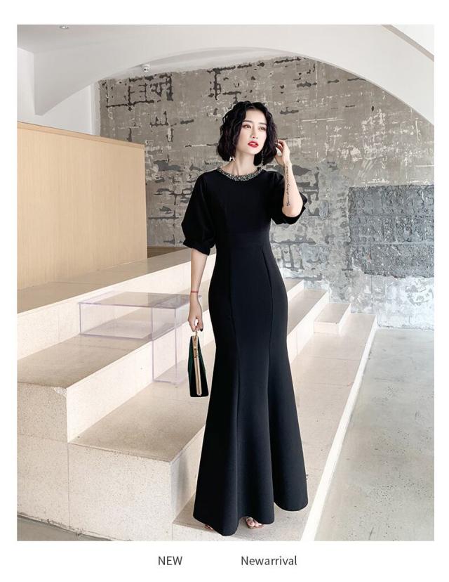 ドレス レディース パーティードレス l ロング マーメイドライン 細身 スリム 袖あり 半袖 Uネック シンプル シック モダン フェミニン ビジュ ドレス レディース パーティードレス l ロング マーメイドライン 細身