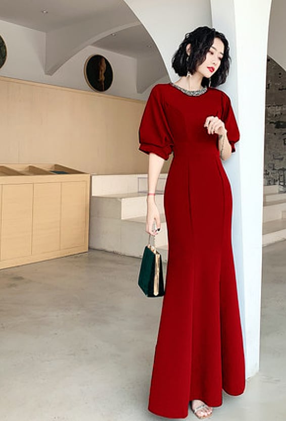 ドレス レディース パーティードレス l ロング マーメイドライン 細身 スリム 袖あり 半袖 Uネック シンプル シック モダン フェミニン ビジュ ドレス レディース パーティードレス l ロング マーメイドライン 細身