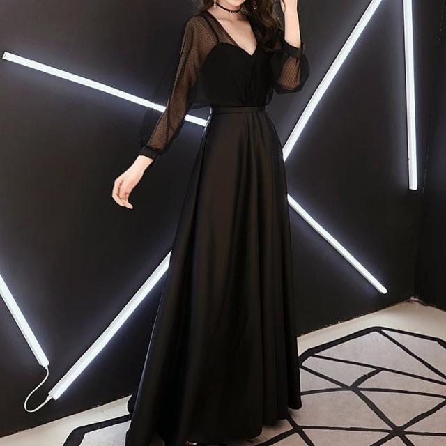 ドレス レディース パーティードレス l イブニングドレス ロング Aライン 網目 シフォン 透け感 シースルー 袖あり 長袖 胸元 Vネック サテン