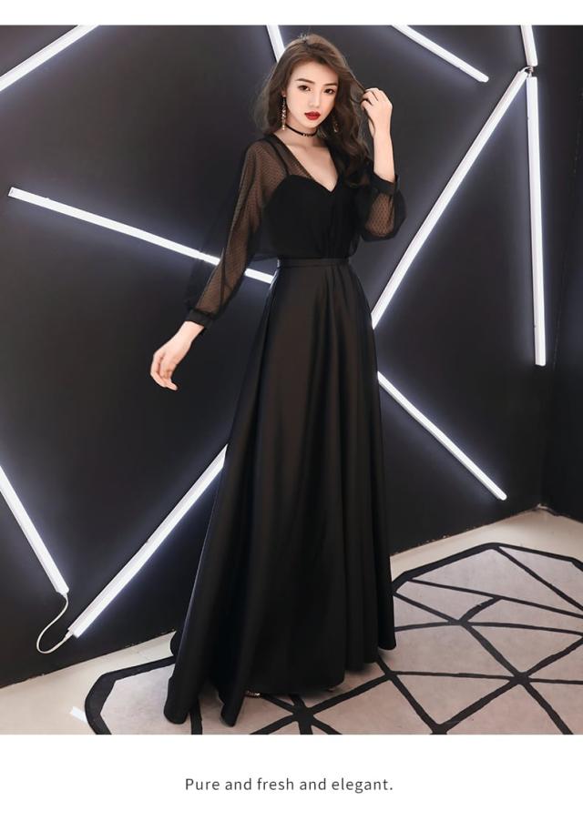 ドレス レディース パーティードレス l イブニングドレス ロング Aライン 網目 シフォン 透け感 シースルー 袖あり 長袖 胸元 Vネック サテン ドレス レディース パーティードレス l イブニングドレス ロング A