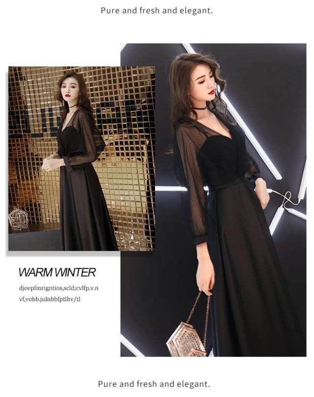 ドレス レディース パーティードレス l イブニングドレス ロング Aライン 網目 シフォン 透け感 シースルー 袖あり 長袖 胸元 Vネック サテン ドレス レディース パーティードレス l イブニングドレス ロング A