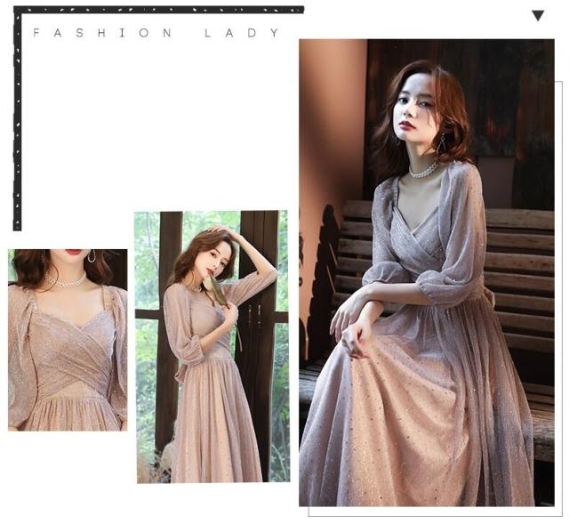 ドレス レディース パーティードレス l ロング スレンダーライン シフォン 透け感 シースルー とろみ感 柔らかい バックリボン オフショルダー 袖 ドレス レディース パーティードレス l ロング スレンダーライン