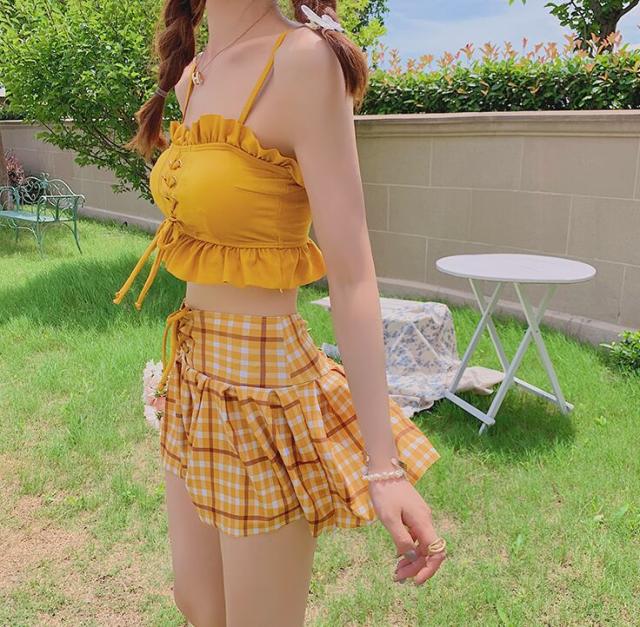 チェック柄タンキニ 水着 ビキニ l スカパン セパレート ビスチェ フリル ハイウエスト セット 2点セット ツーピース かわいい 大人可愛い シン チェック柄タンキニ 水着 ビキニ l スカパン セパレート ビスチェ