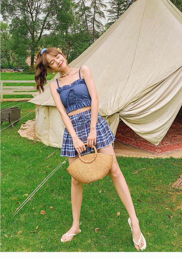 チェック柄タンキニ 水着 ビキニ l スカパン セパレート ビスチェ フリル ハイウエスト セット 2点セット ツーピース かわいい 大人可愛い シン チェック柄タンキニ 水着 ビキニ l スカパン セパレート ビスチェ