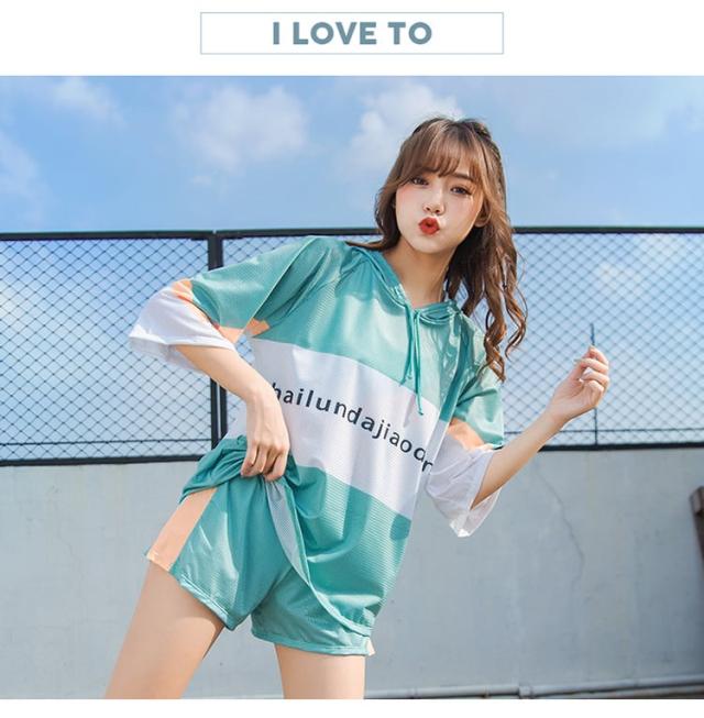 2色 水着 フード付き 半袖 l 3点セット 体形カバー キュート ロゴ