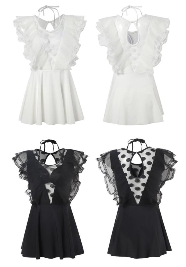 2色 水着 ワンピース l フリル スカート レース 黒 白 無地 おしゃれ