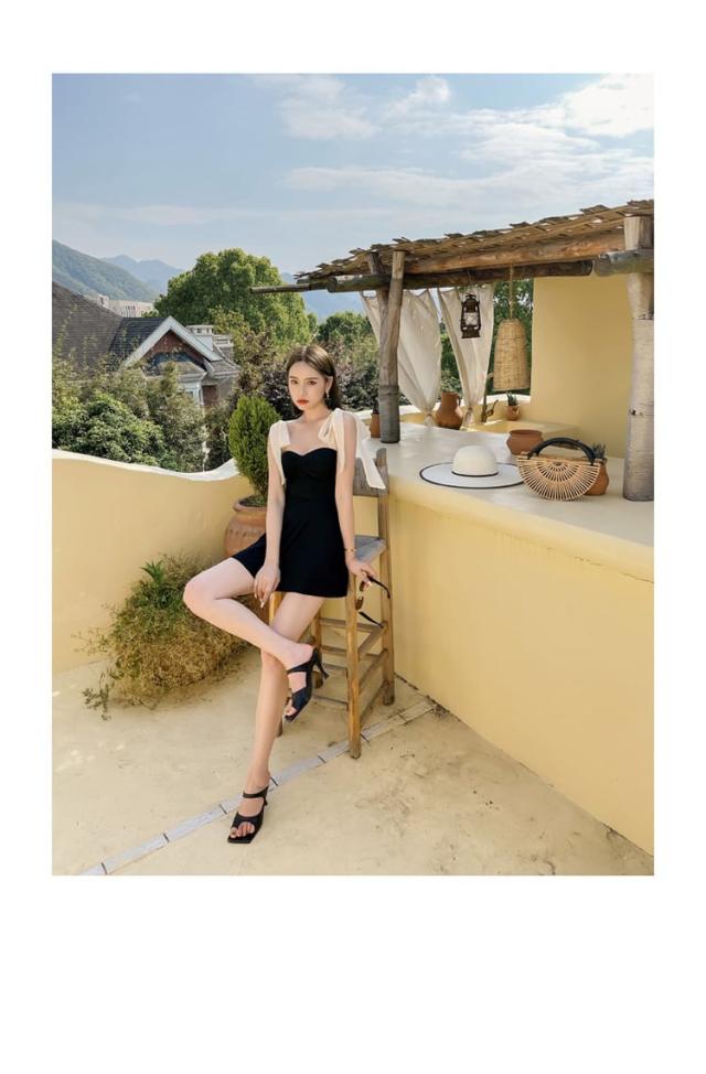 水着 ワンピース レディース l ブラック モノトーン リボン かわいい