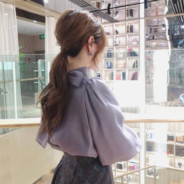 パフスリーブ シフォン ブラウス l ショート ショート丈 袖あり 長袖 襟付き ハイネック リボン バックリボン 2way 透け感 シースルー かわ