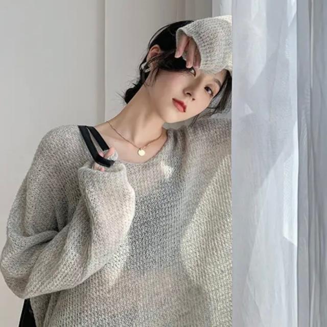 シアーニット トップス セーター l 長袖 萌袖 Vネック 透け感 シースルー かわいい 大人可愛い きれいめ シンプル 大人 おしゃれ お洒落 大人