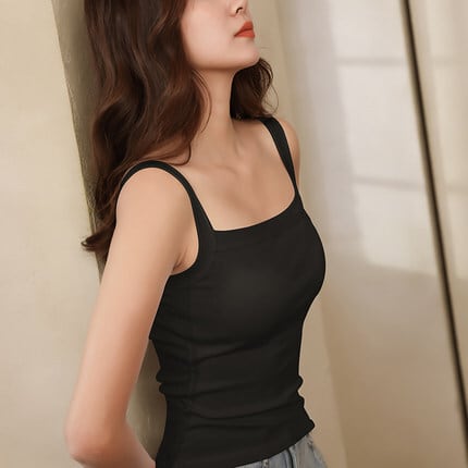 トップス 7色展開 ブラキャミソール l インナー 袖なし ノースリーブ スクエアネック タイト 細身 伸縮性 綿 シンプル カジュアル 無地 春 夏