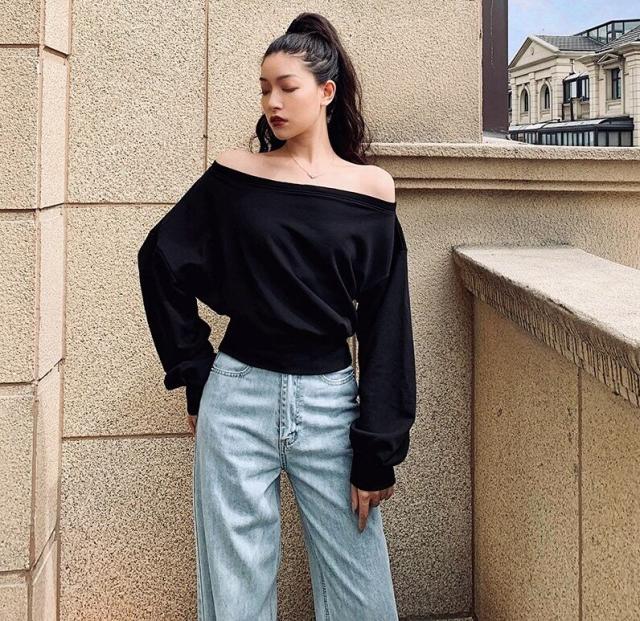 トップス プルオーバー オフショルダー l トレーナー ショート丈 オフショル ワンショル 2way ドロップショルダー ウエストシェイプ タイト パ トップス プルオーバー オフショルダー l トレーナー ショート丈