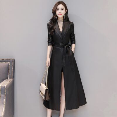 レザーコート レザー ロングジャケット l コート アウター ベルト付き ウエストリボン ウエストマーク 襟付き スーツ襟 長袖 裏地 柄 クール か