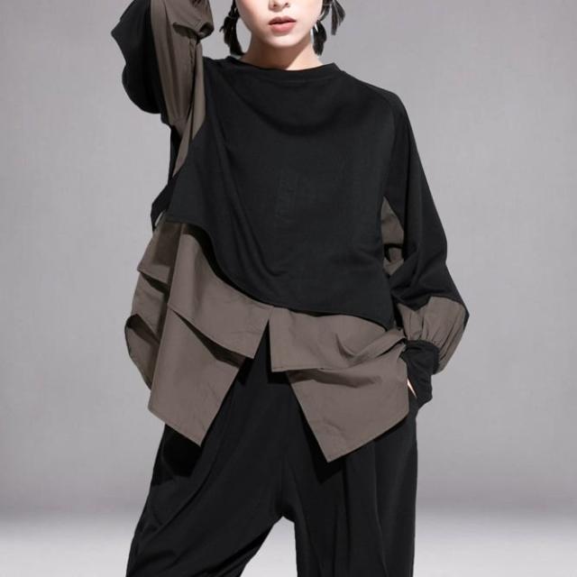 3色 シャツ ブラウス 長袖 l 無地 バイカラー 個性的 トップス レディース モード系 カッコイイ 黒 白 緑 グリーン スタイリッシュ モテる