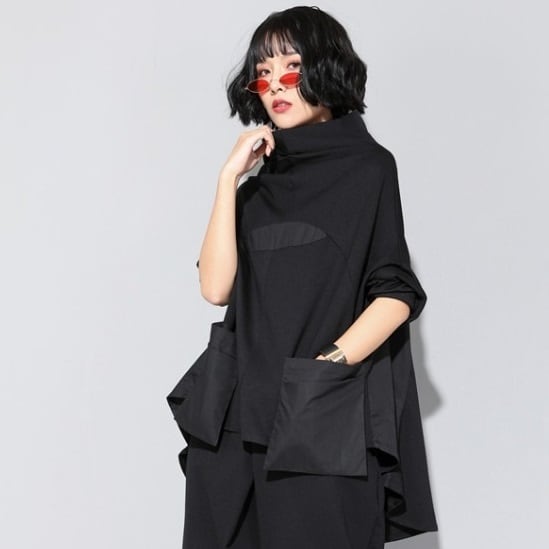 黒 トップス カットソー l ロング丈 ブラック 5分袖 不規則デザイン スプリット アシメヘム ポケット ハイネック 異素材MIX プルオーバー レ