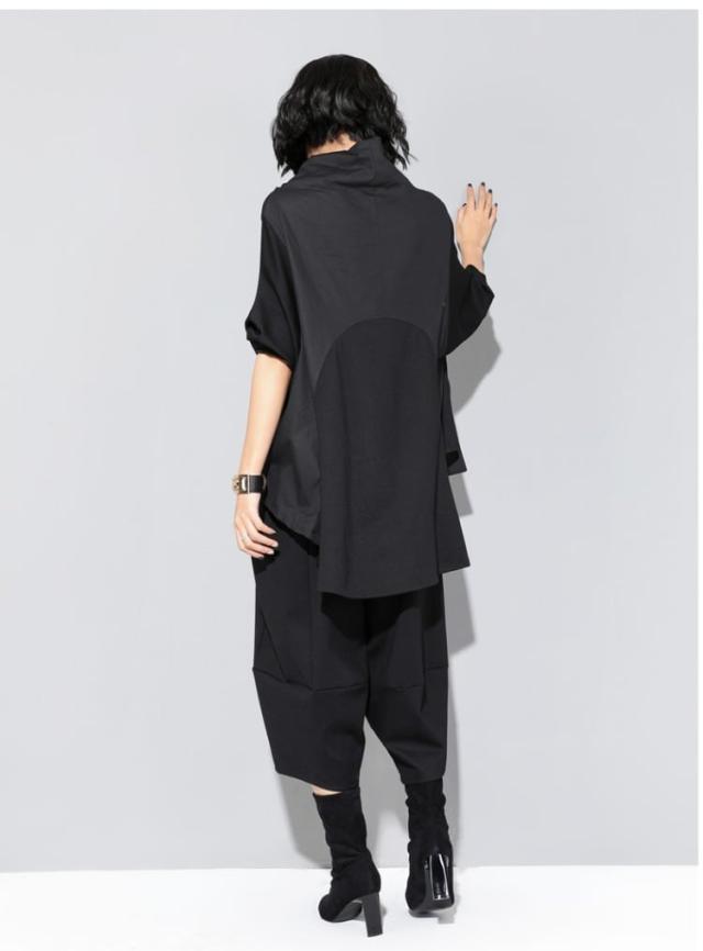 黒 トップス カットソー l ロング丈 ブラック 5分袖 不規則デザイン