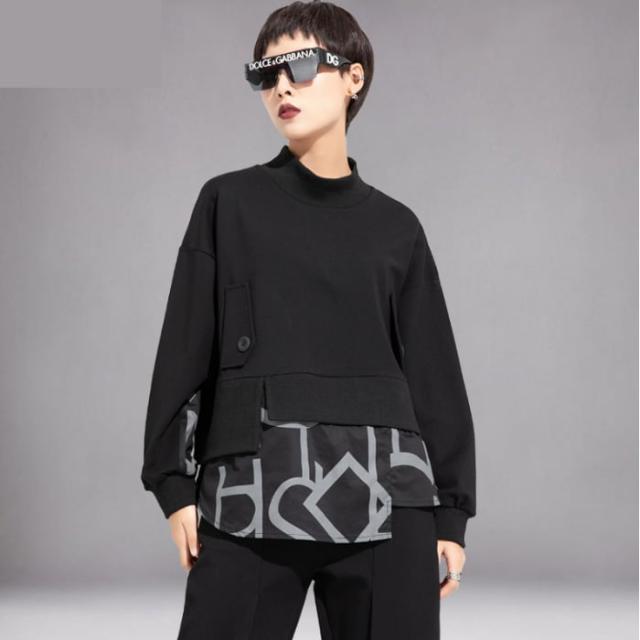 カットソー プルオーバー ロンT l 黒 長袖 重ね着風 スタンドカラー 幾何学模様 個性的 大人 かっこいい おしゃれ カジュアル トップス レディ