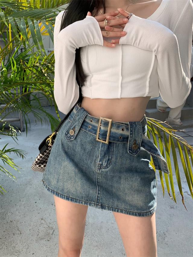 4色 デニム ミニスカート ショートパンツ付き l ベルト付き カッコイイ セクシー 大人可愛い 台形 スカート ミニ ボトムス 淡色 青 ブルーデニ 4色 デニム ミニスカート ショートパンツ付き l ベルト付き カッコイイ