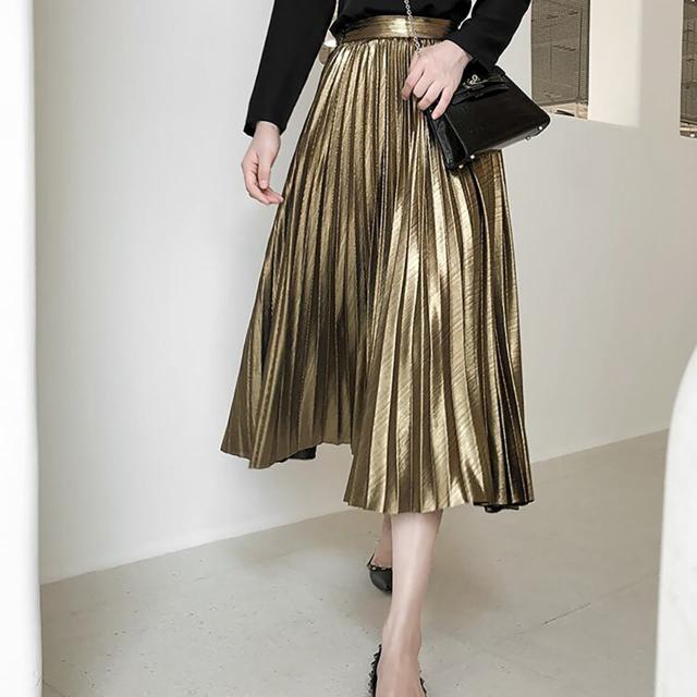 Aラインスカート プリーツ ラージスイングスカート l メタリック ハイウエスト サイズ： S M L  スカート ボトムス ミモレ ミモレ丈 ロングの通販は 5,007円