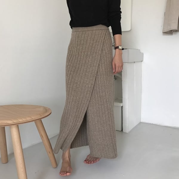 スカート ロング リブ l ピットライン ハイウエスト エレガント スリム 9分丈 膝下 タイト オフィス 通学 韓国 ベージュ 10代 ストレッチ