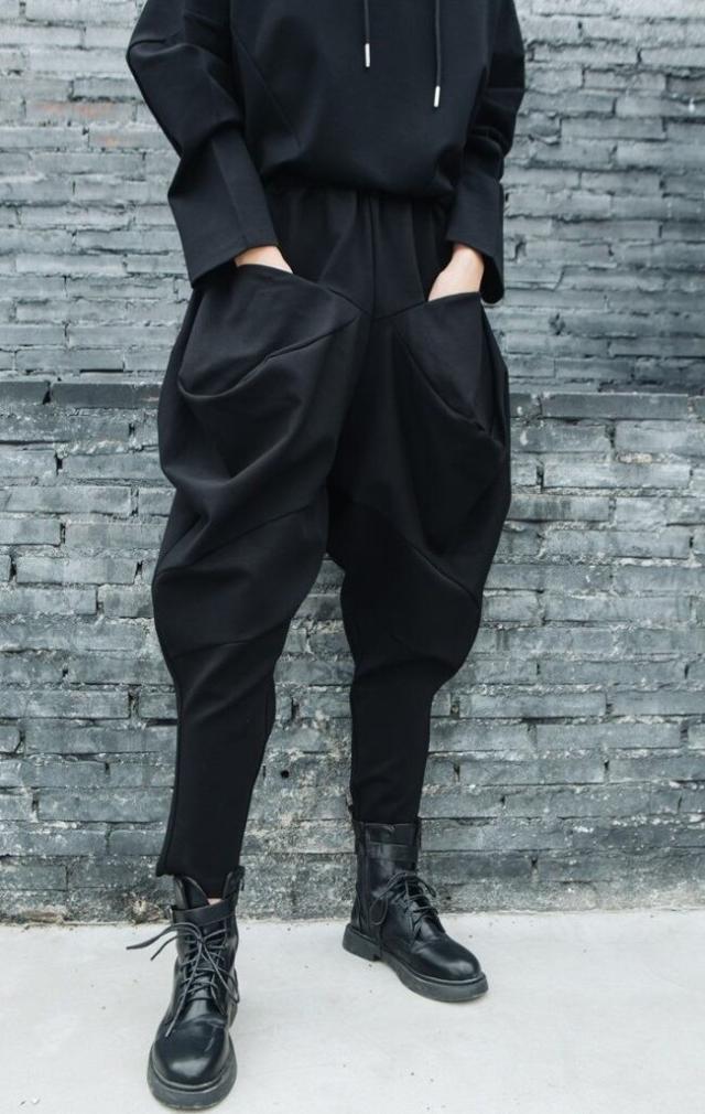 2色 サルエルパンツ レディース l 黒 ロング丈 カッコイイ ルーズ 個性