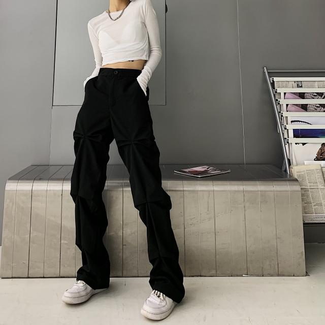 レディース ボトムス パンツ l ロング丈 ロング ハイウエスト シンプル 無地 ポケット付き ギャザー タック デザイン ボタン ジッパー ファスナ