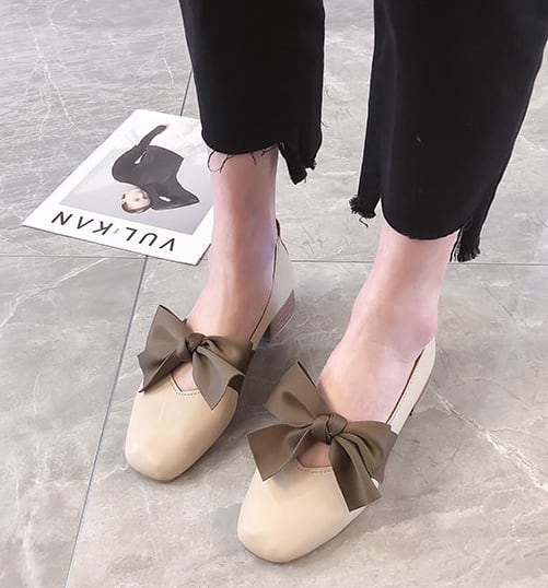 パンプス レディースパンプス ポインテッドトゥパンプス l 太ヒール ローヒール ポインテッドトゥ リボン 美脚 脚長 モダン クール キュート きち