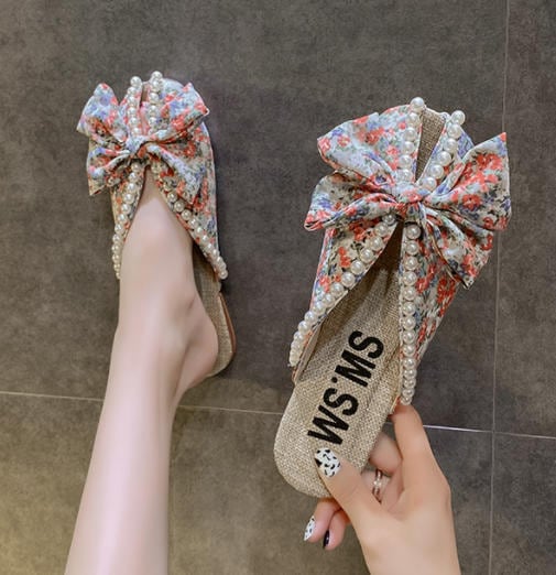花柄 サンダル 靴 l リボン パール きれいめ レトロ 大人可愛い