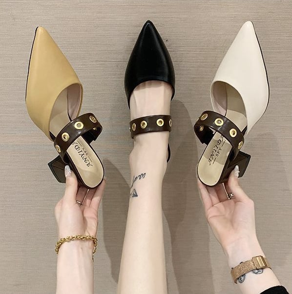 ポインテッドトゥミュール シューズ 靴 l ヒールパンプス ヒール ミドルヒール ベルト PU 大人可愛い シンプル カジュアル おしゃれ お洒落 大