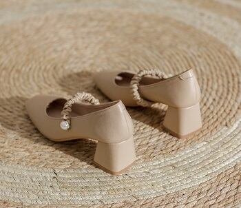 パンプス レザー チャンキーヒール l スクエアトゥ シューズ 靴 シンプル 無地 ゴムバンド パール 3.5cm 5.5cmヒール ミドルヒール 大