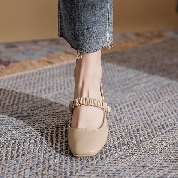 パンプス レザー チャンキーヒール l スクエアトゥ シューズ 靴 シンプル 無地 ゴムバンド パール 3.5cm 5.5cmヒール ミドルヒール 大
