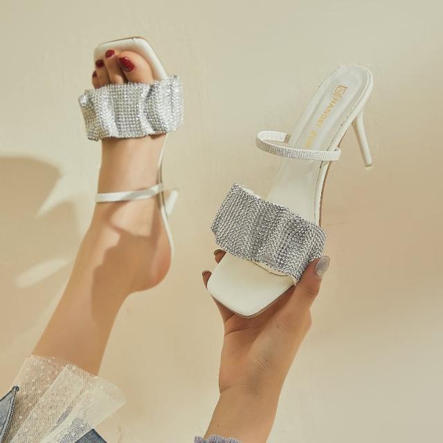 ミュールサンダル ミュール サンダル l レザー ピンヒール スクエアトゥ シューズ 靴 アンクルストラップ スエード ラインストーン 10cm 7c