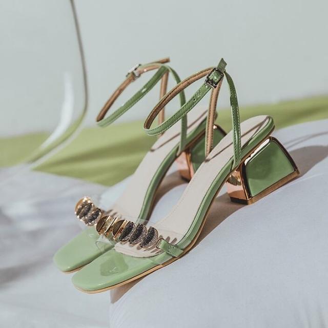 サンダル レザー クリア l チャンキーヒール スクエアトゥ オープン