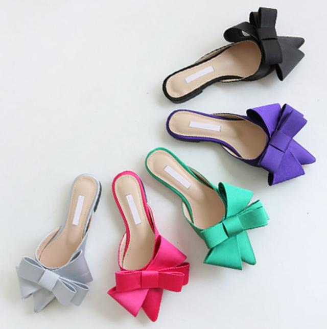 シューズ サンダル ミュール l ぺたんこ ヒールレス ポインテッドトゥ リボン かわいい 大人可愛い きれいめ カジュアル おしゃれ お洒落 無地