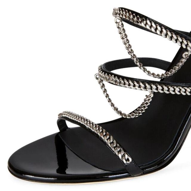 チェーン ハイヒール サンダル l 靴 くつ 8.5cm 9.5cmヒール ピンヒール ラウンドトゥ ストラップ ベルト ビジュー キラキラ 美脚 脚