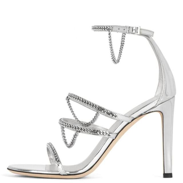 チェーン ハイヒール サンダル l 靴 くつ 8.5cm 9.5cmヒール ピンヒール ラウンドトゥ ストラップ ベルト ビジュー キラキラ 美脚 脚