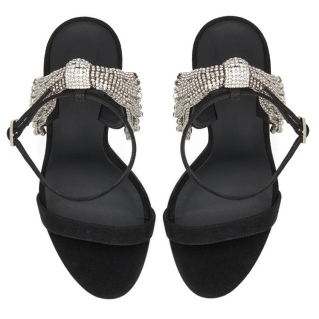 リボン ビジュー ハイヒール l シューズ 靴 くつ 8.5cm 9.5cmヒール ピンヒール ラウンドトゥ キラキラ 美脚 脚長 レザー 大人可愛い