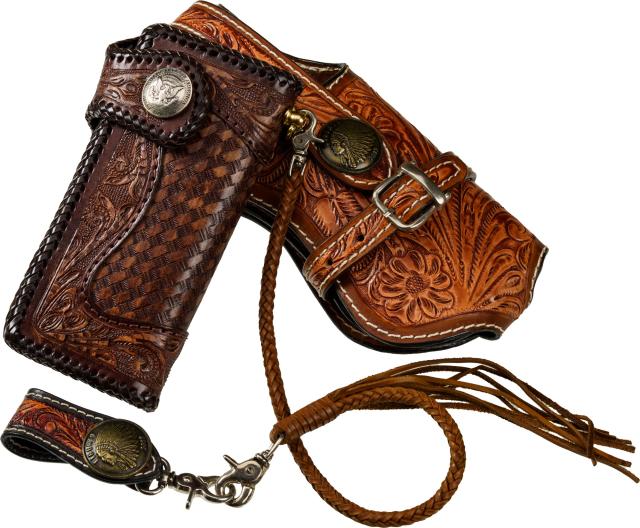 バイカーズウオレット ４点セット ハンドメイド レザーウォレット 本革 財布 長財布 カービング バイカー ウエスタン ホルスターセット ウォレットチェーン付き 高級 革財布 コンチョ付き 限定 A
