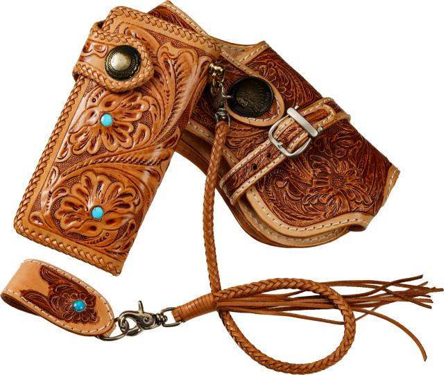 バイカーズウォレット 4点セット 本革 牛革 タイコーズ風 メンズ レザー財布 長財布 YKKファスナー 手作り ウォレットチェーン＆ホルスター付き 限定 C