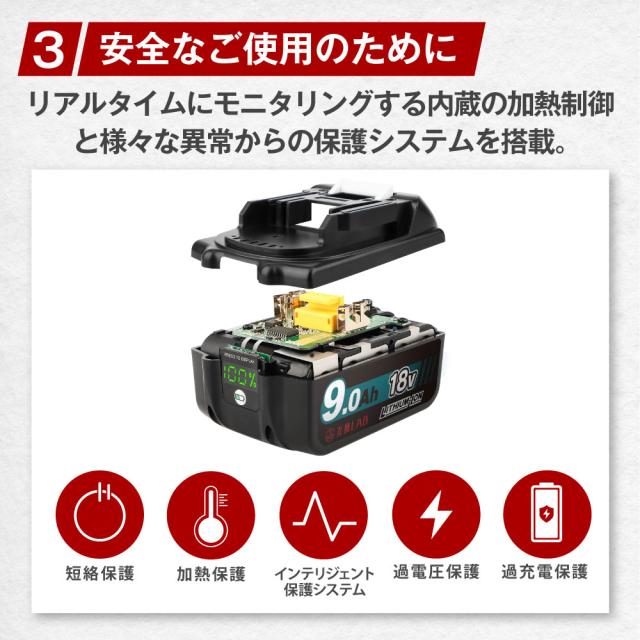 【2個セット】互換ラボ マキタ 互換バッテリー MAKITA 互換 LAB 18V 9Ah 9.0Ah Waitley 掃除機 充電器 インパクト ブロワー 対応 LED デジタル残量表示_8