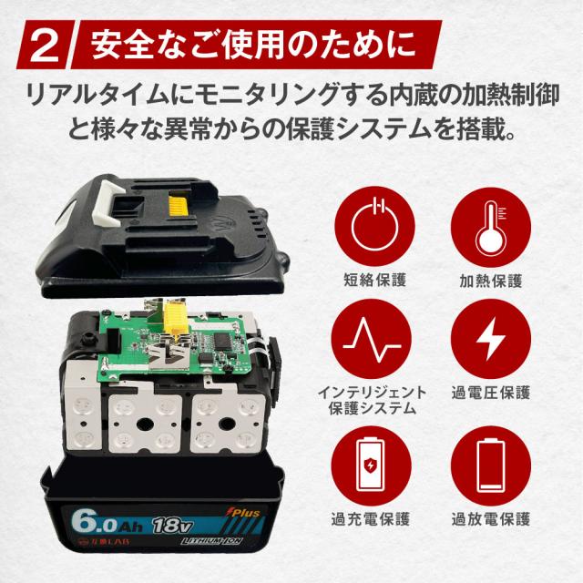 互換ラボ マキタ互換 バッテリー MAKITA互換 LAB 18V 6Ah PLUS 6.0Ah Waitley 掃除機 充電器 インパクト ブロワー 対応 LED デジタル残量表示 WTL1860 MAKITA互換 BL1830B BL1850B BL1860B 電動工具 ゴカン_11
