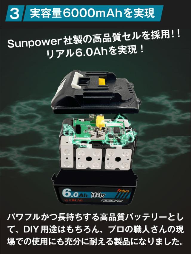 互換ラボ マキタ互換 バッテリー MAKITA互換 LAB 18V 6Ah PLUS 6.0Ah Waitley 掃除機 充電器 インパクト ブロワー 対応 LED デジタル残量表示 WTL1860 MAKITA互換 BL1830B BL1850B BL1860B 電動工具 ゴカン_4